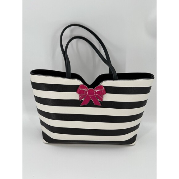 Betsey Johnson KITSCH Black White Striped Pink Bow Large Tote Shoulder Bag EUC - Picture 4 of 16